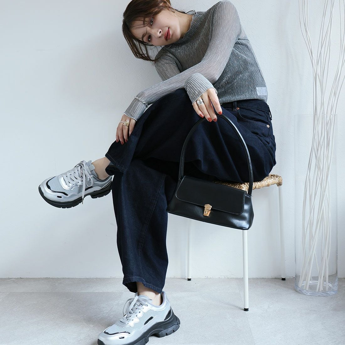 厚底メタリック異素材コンビレースアップスニーカー ｜靴・レディース