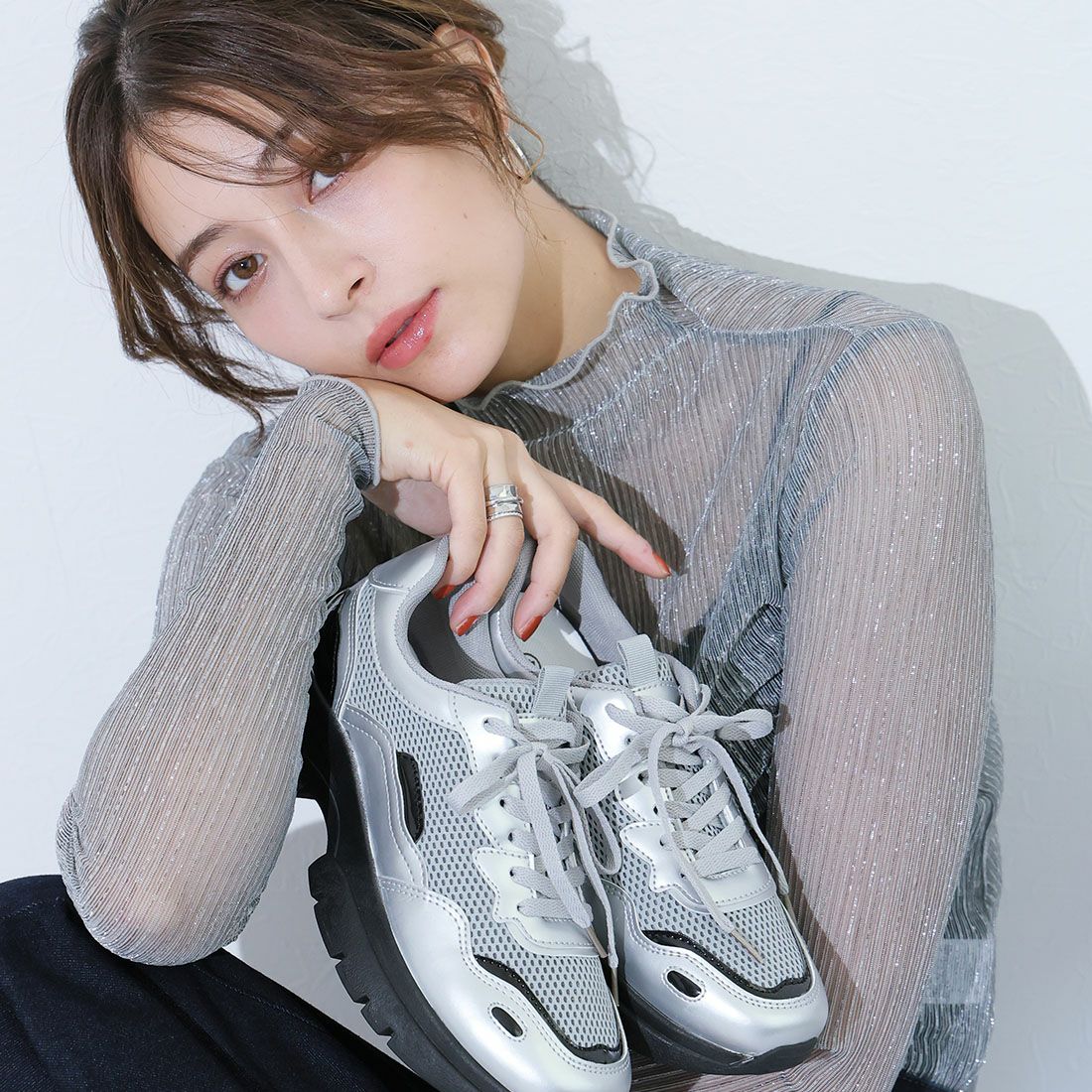 厚底メタリック異素材コンビレースアップスニーカー ｜靴・レディース