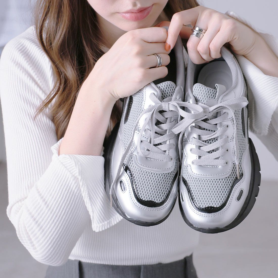 厚底メタリック異素材コンビレースアップスニーカー ｜靴・レディース