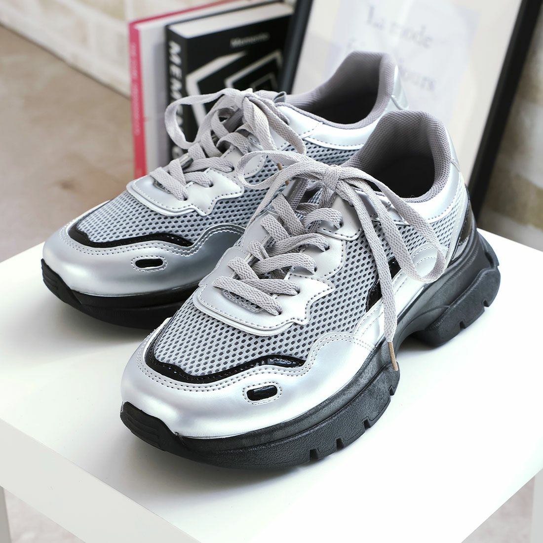 厚底メタリック異素材コンビレースアップスニーカー ｜靴・レディース