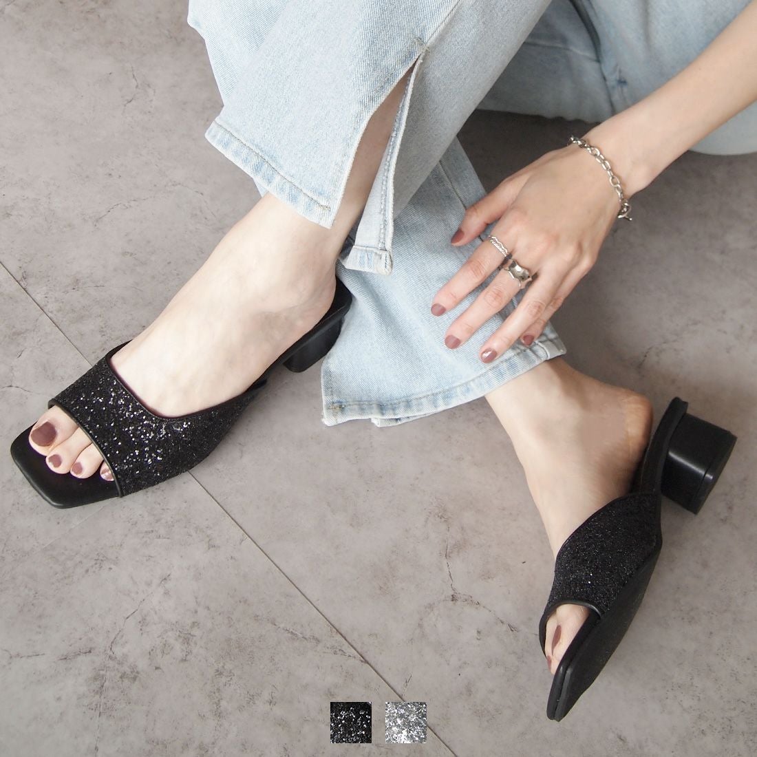 スクエアトゥグリッターミュールサンダル ｜靴・レディースシューズの