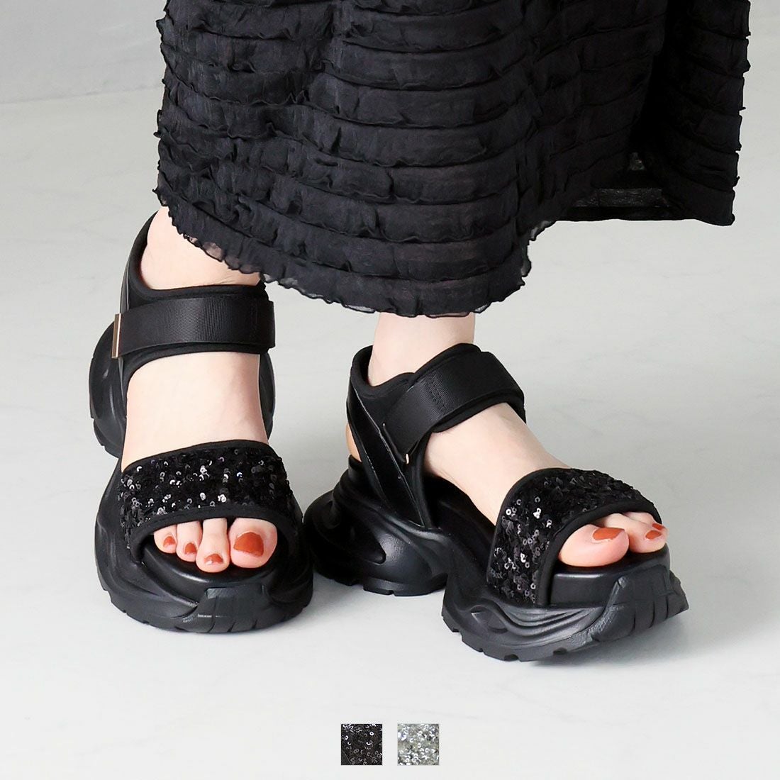 厚底グリッターベルクロスポーツサンダル ｜靴・レディースシューズの