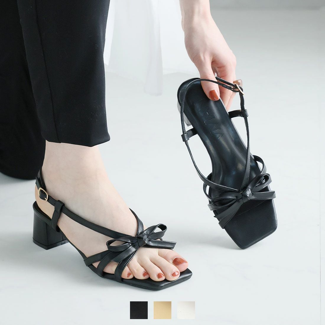 スクエアトゥリボンストラップサンダル ｜靴・レディースシューズの