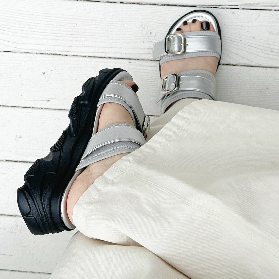 cahoさんコラボ 厚底ダブルバックルベルトストレッチスポーツサンダル