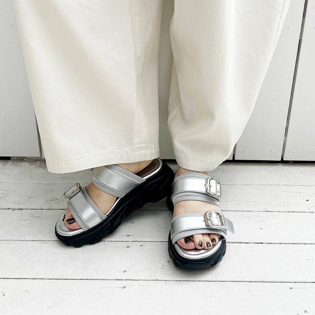 cahoさんコラボ 厚底ダブルバックルベルトストレッチスポーツサンダル