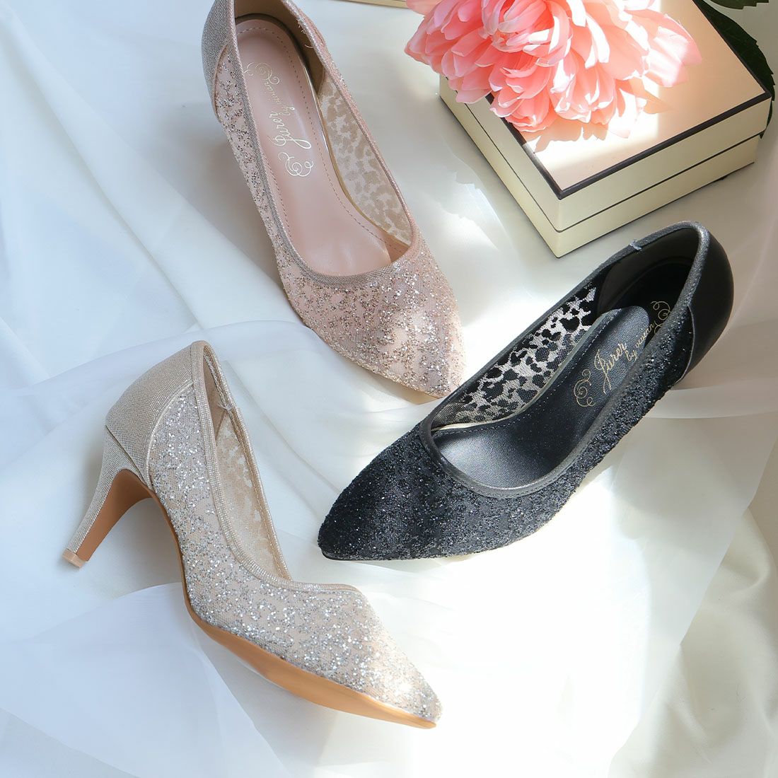 スクエアトゥゴールドパーツプレートヒールパンプス ｜靴・レディース