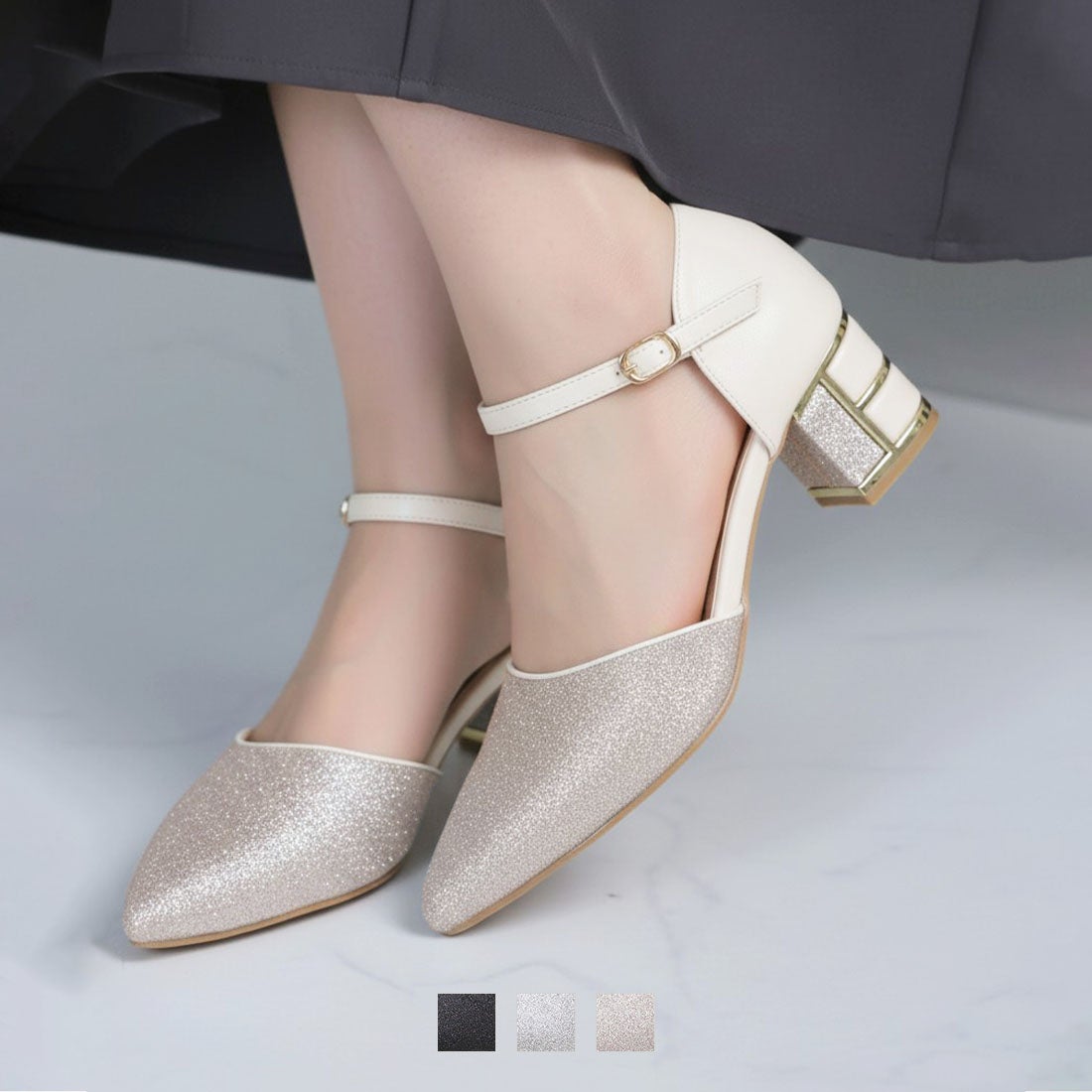 キラキラグリッターチャンキーヒールセパレートパンプス ｜靴