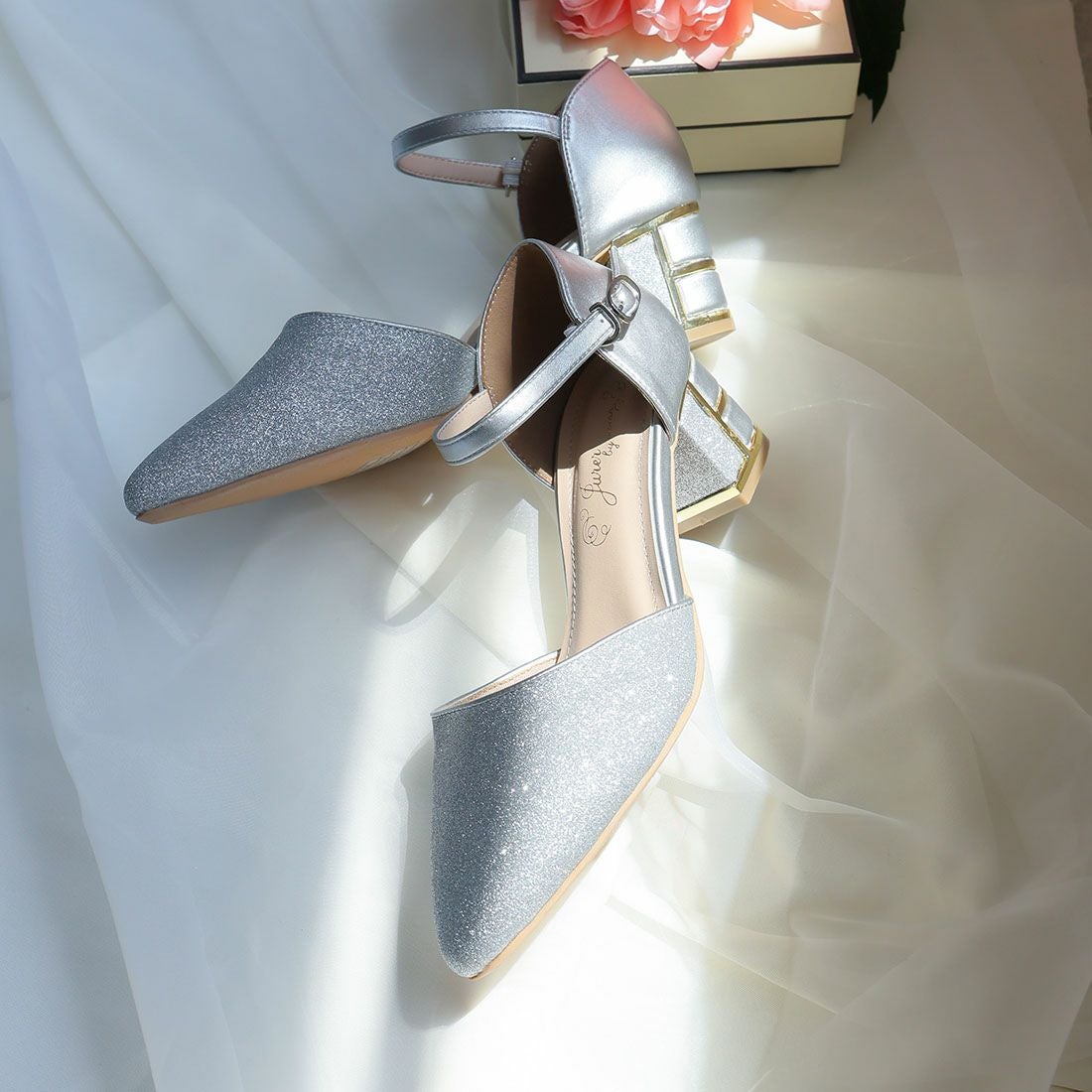 キラキラグリッターチャンキーヒールセパレートパンプス ｜靴