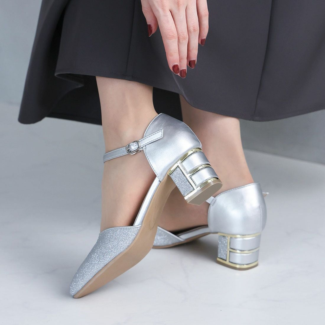 キラキラグリッターチャンキーヒールセパレートパンプス ｜靴