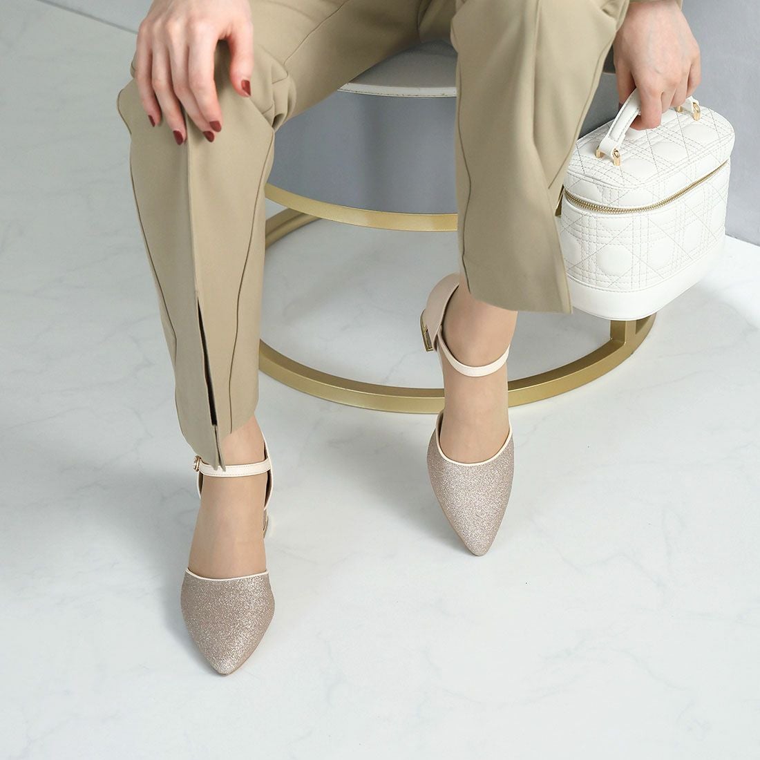 キラキラグリッターチャンキーヒールセパレートパンプス ｜靴