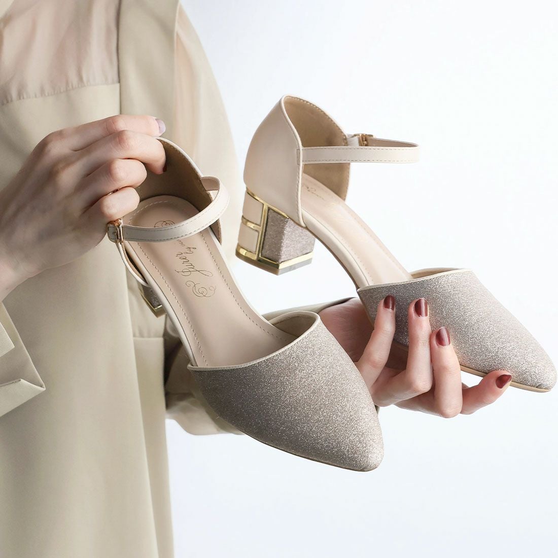 キラキラグリッターチャンキーヒールセパレートパンプス ｜靴