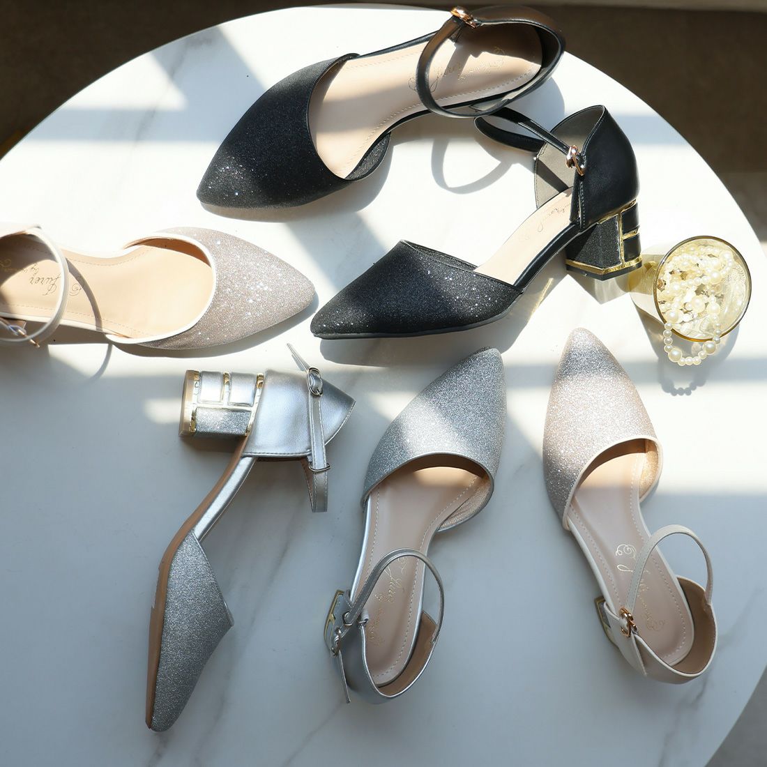 キラキラグリッターチャンキーヒールセパレートパンプス ｜靴