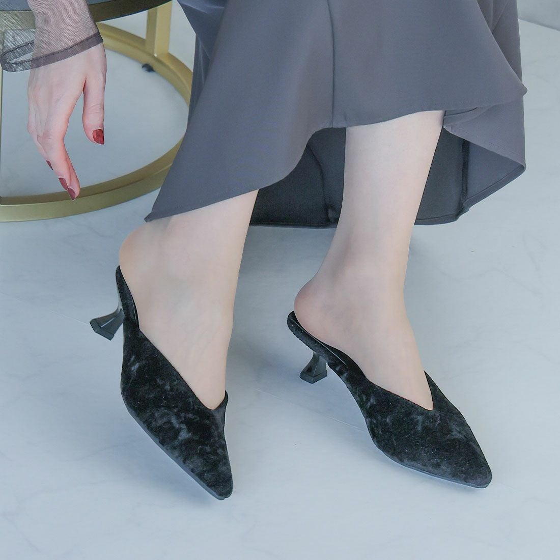 キラキララメ入りベロアミュールパンプス ｜靴・レディースシューズの