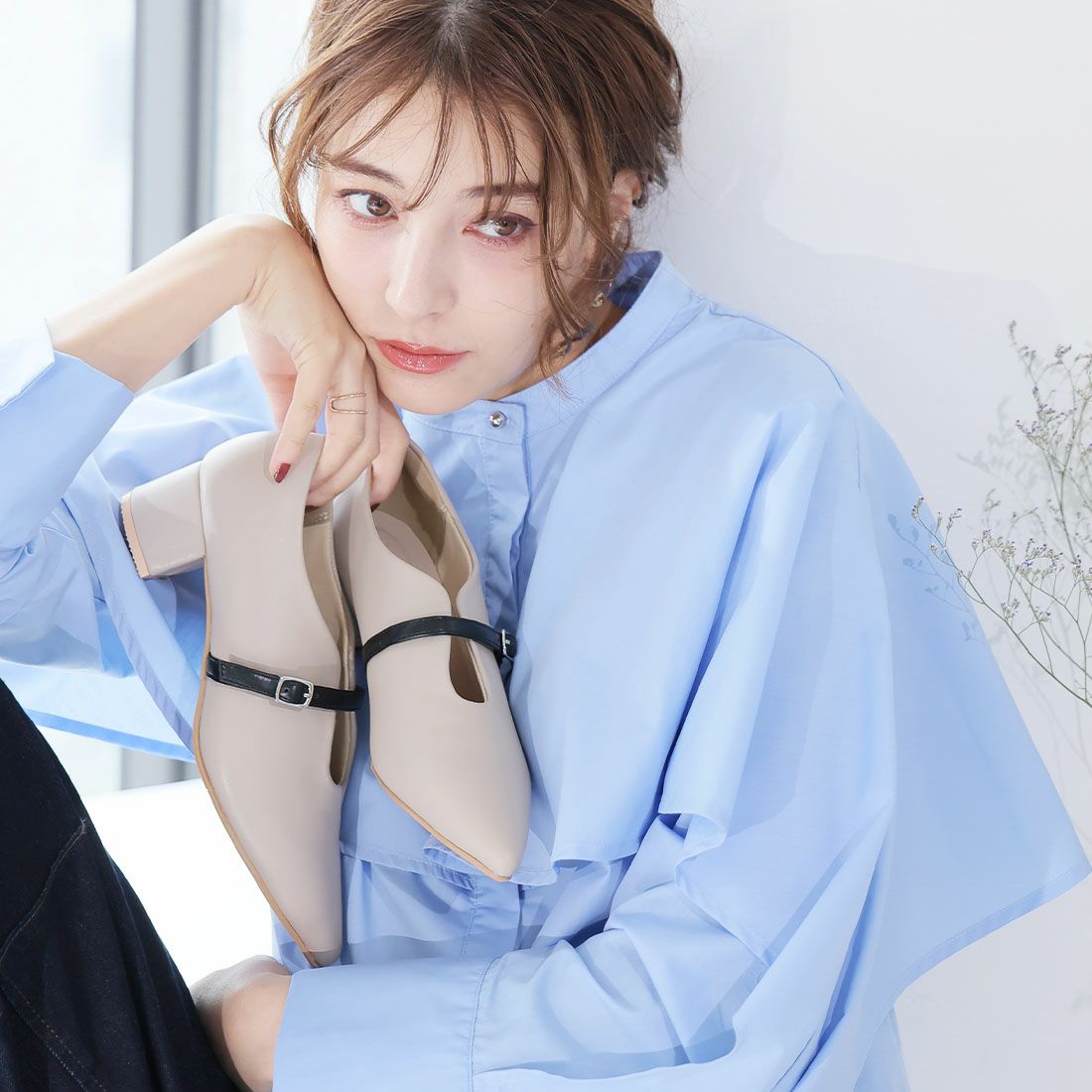 履き心地やみつき感激】ポインテッドトゥスリットストラップ4cmヒール