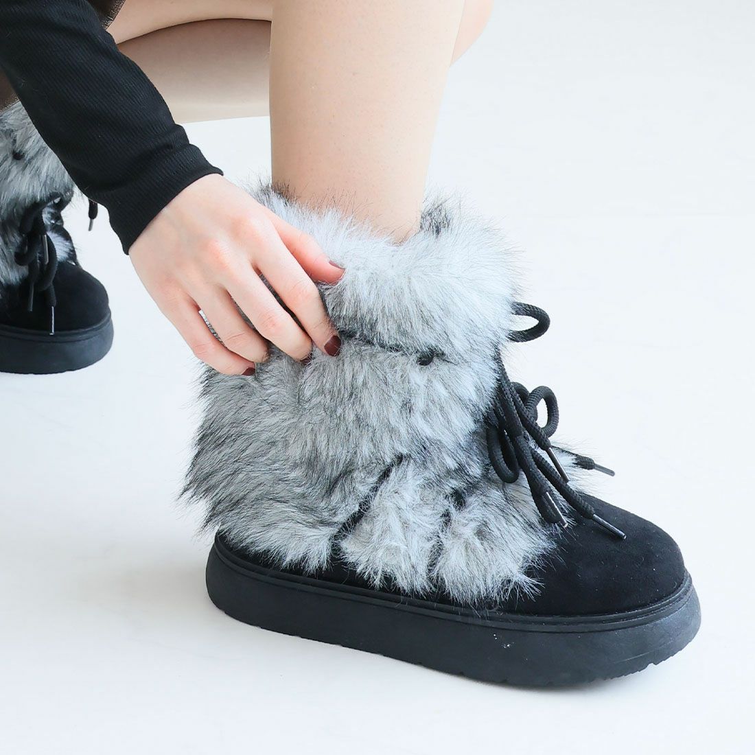 COACH ファー付きムートンブーツ ブラック 公式ストア/ZOZO限定】もふぽかボリュームファー厚底ムートンブーツ