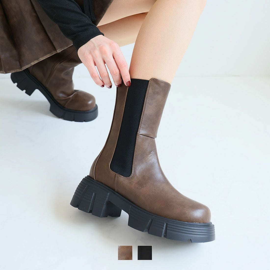 厚底トラックソールサイドゴアミドルブーツ ｜靴・レディースシューズ