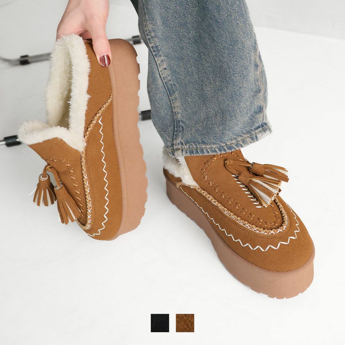 もふぽか厚底タッセルサボムートンブーツ ｜靴・レディースシューズの
