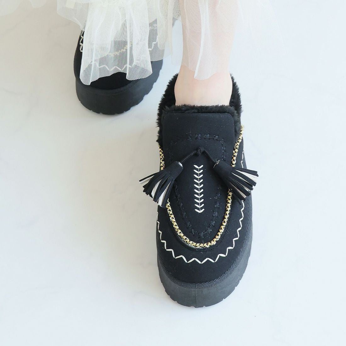 もふぽか厚底タッセルサボムートンブーツ ｜靴・レディースシューズの