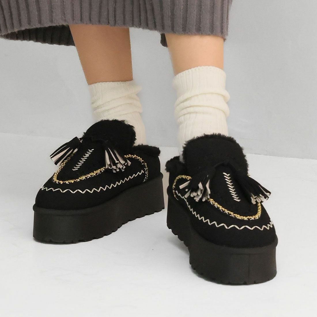 もふぽか厚底タッセルサボムートンブーツ ｜靴・レディースシューズの