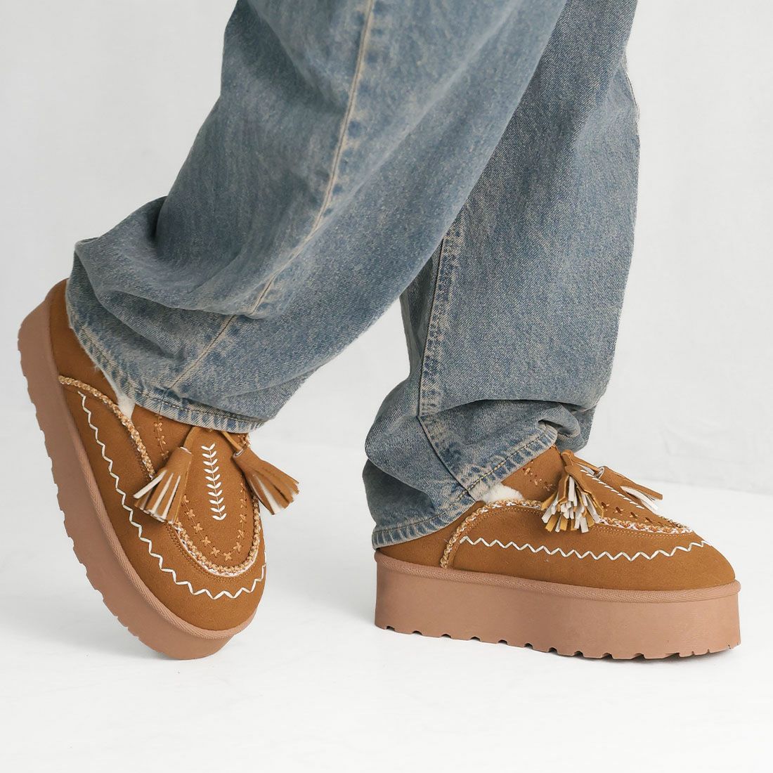 もふぽか厚底タッセルサボムートンブーツ ｜靴・レディースシューズの