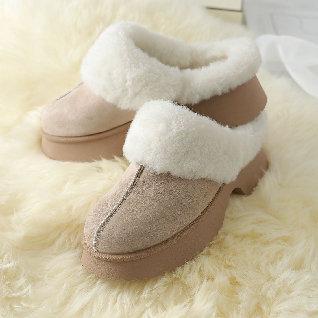 もふぽか厚底チャンキーヒールサボムートンブーツ ｜靴・レディース