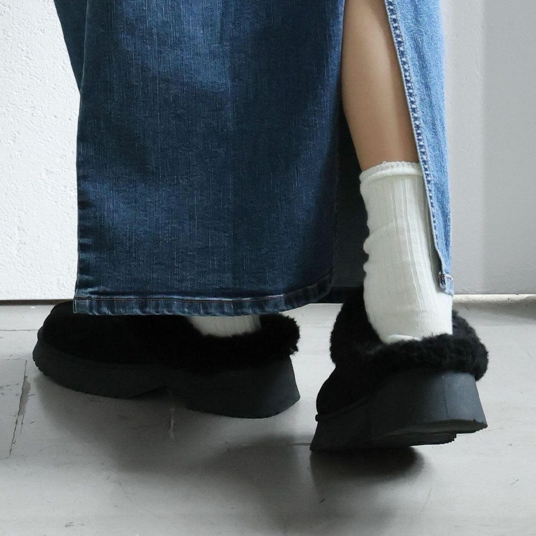 もふぽか厚底チャンキーヒールサボムートンブーツ ｜靴・レディース