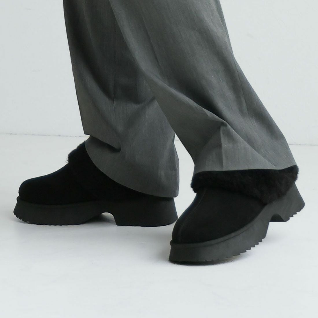 もふぽか厚底チャンキーヒールサボムートンブーツ ｜靴・レディース
