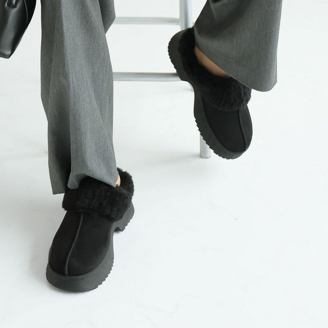 もふぽか厚底チャンキーヒールサボムートンブーツ ｜靴・レディース