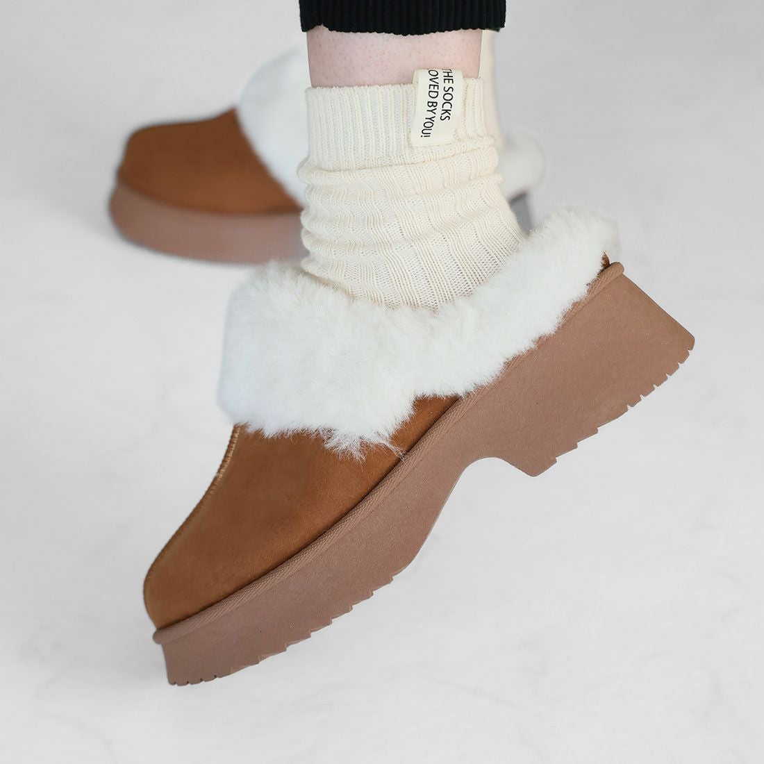 もふぽか厚底チャンキーヒールサボムートンブーツ ｜靴・レディース