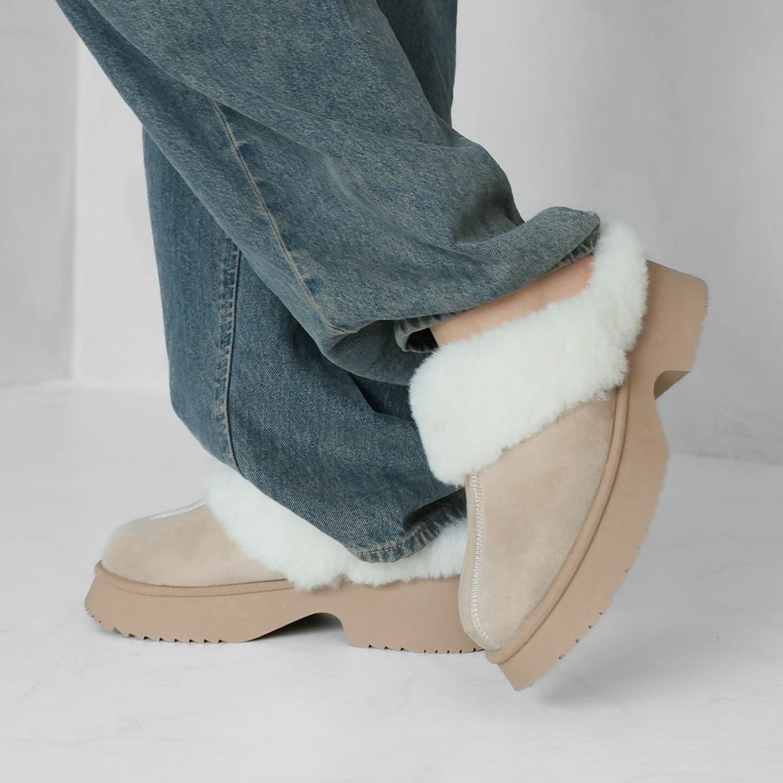 もふぽか厚底チャンキーヒールサボムートンブーツ ｜靴・レディース