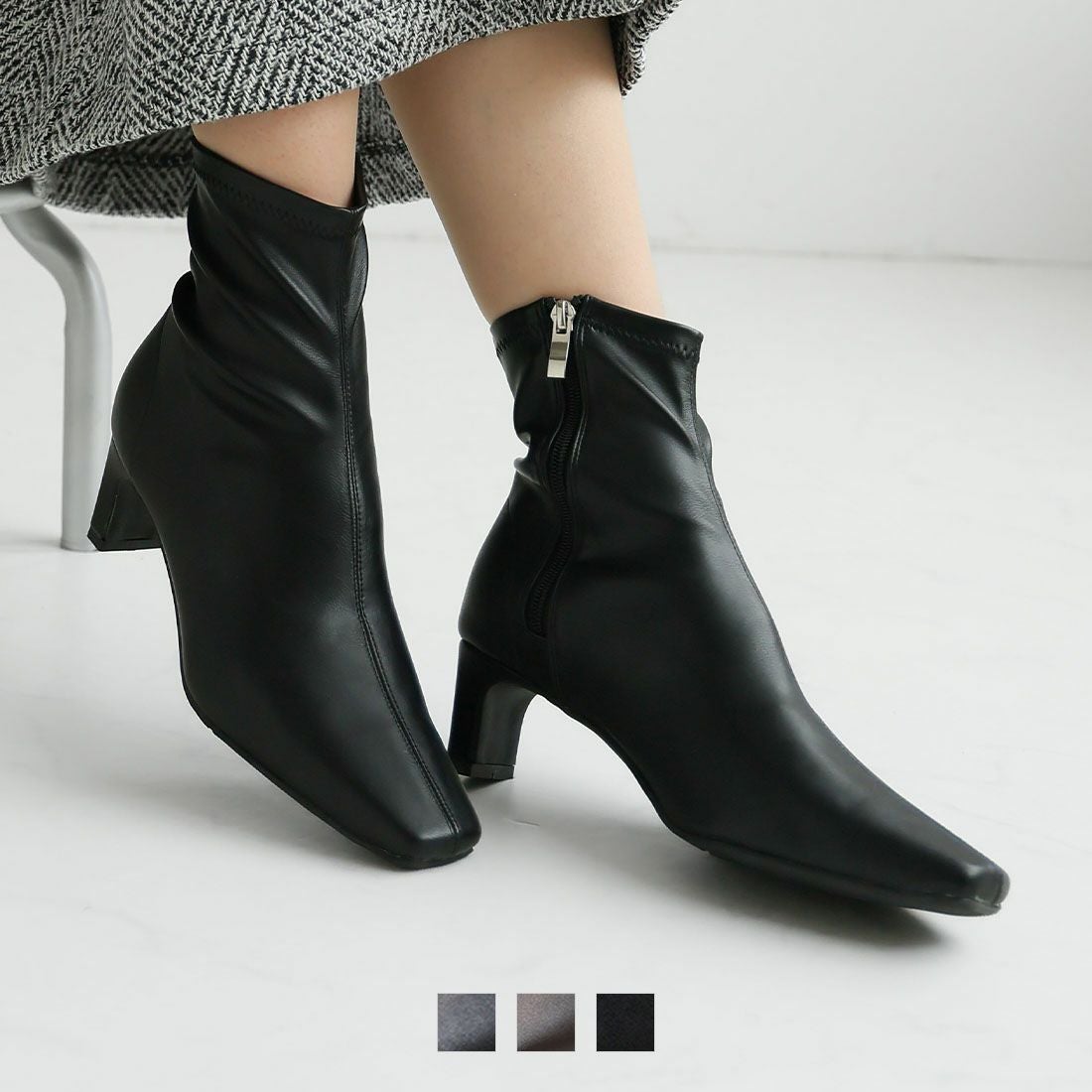 5cmプレートヒールストレッチショートブーツ ｜靴・レディースシューズ