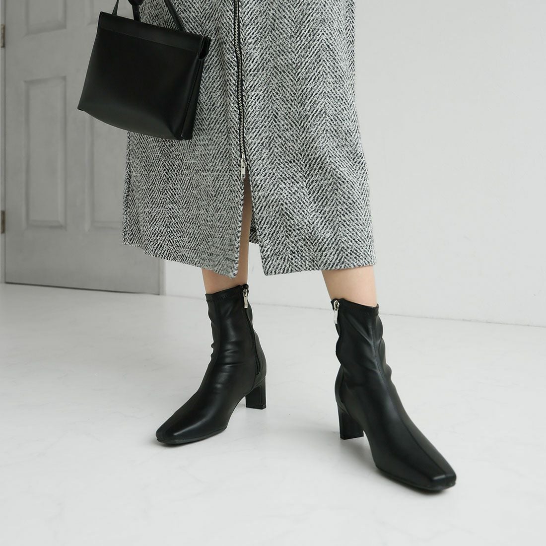 5cmプレートヒールストレッチショートブーツ ｜靴・レディースシューズ