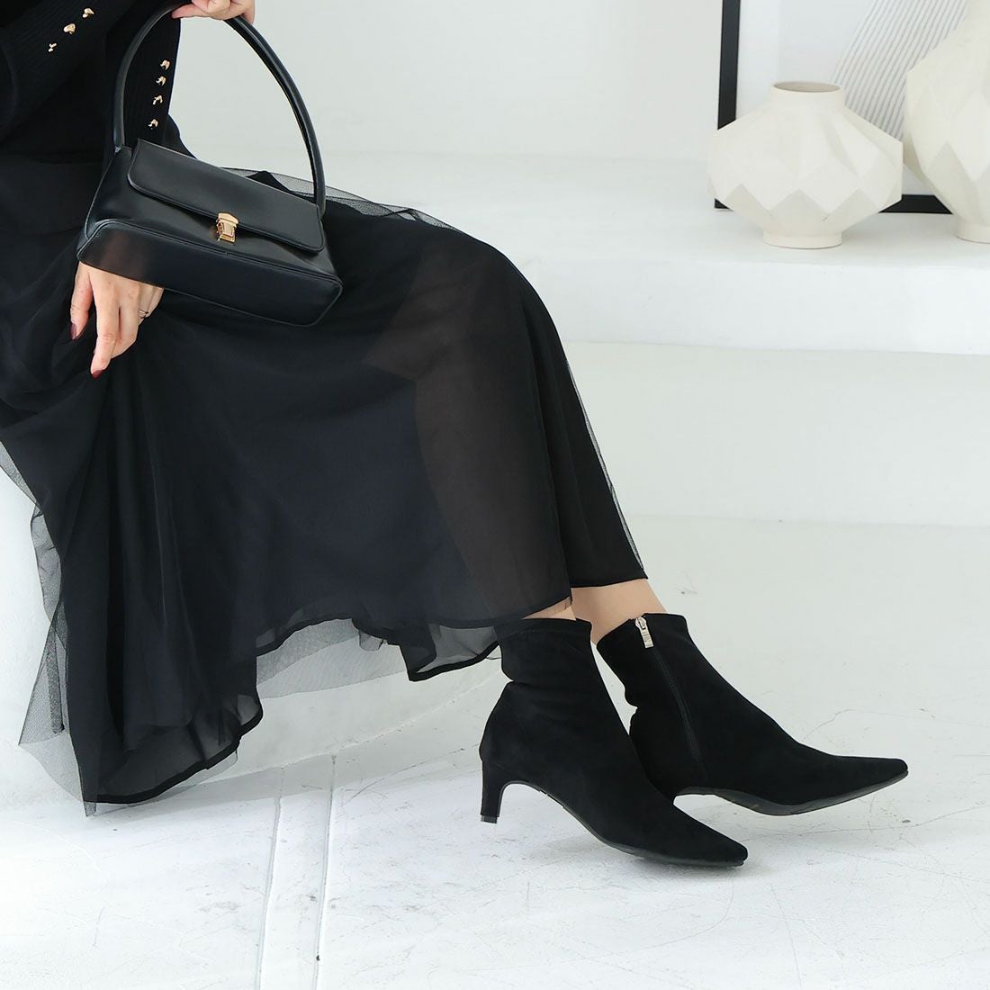 5cmプレートヒールストレッチショートブーツ ｜靴・レディースシューズ