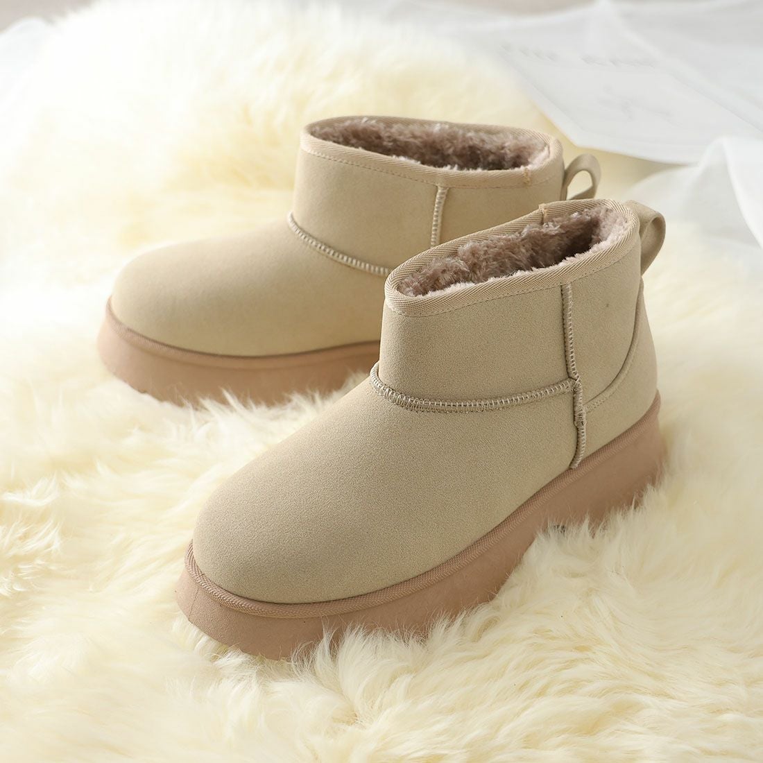 もふぽか厚底5.0cmチャンキーヒールムートンブーツ ｜靴・レディース