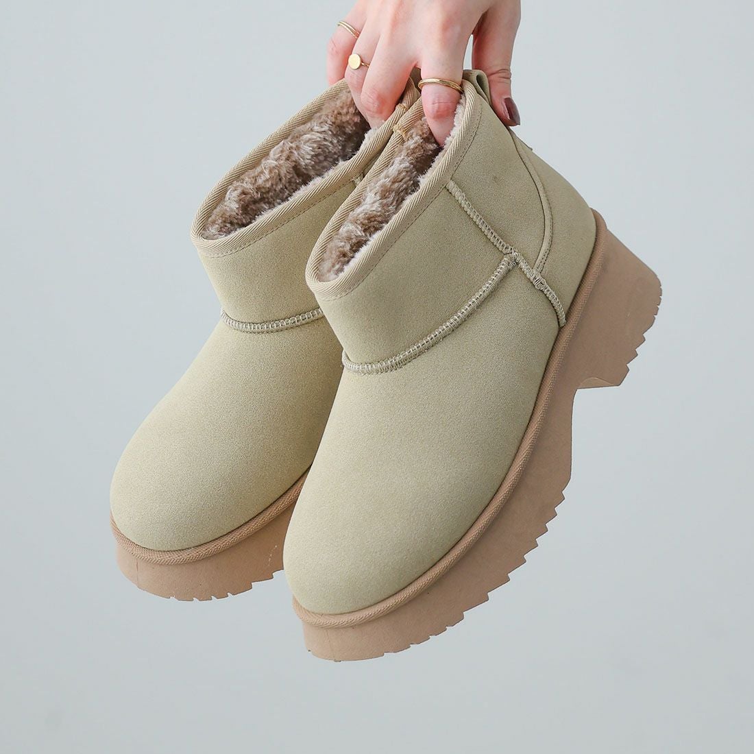 もふぽか厚底5.0cmチャンキーヒールムートンブーツ ｜靴・レディース