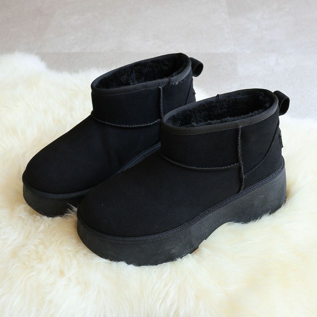 もふぽか厚底7cmチャンキーヒールムートンブーツ ｜靴・レディース