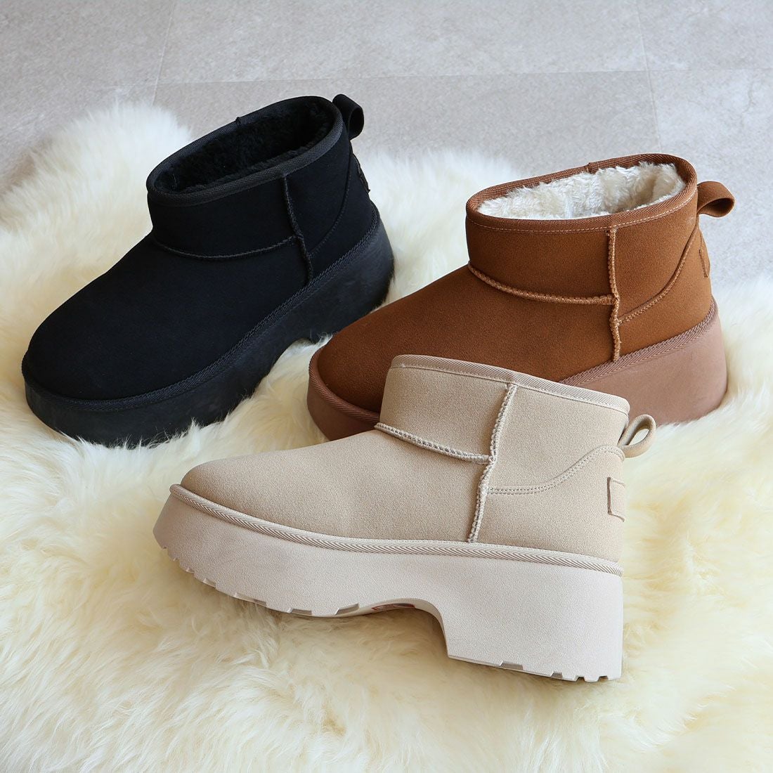 もふぽか厚底7cmチャンキーヒールムートンブーツ ｜靴・レディース