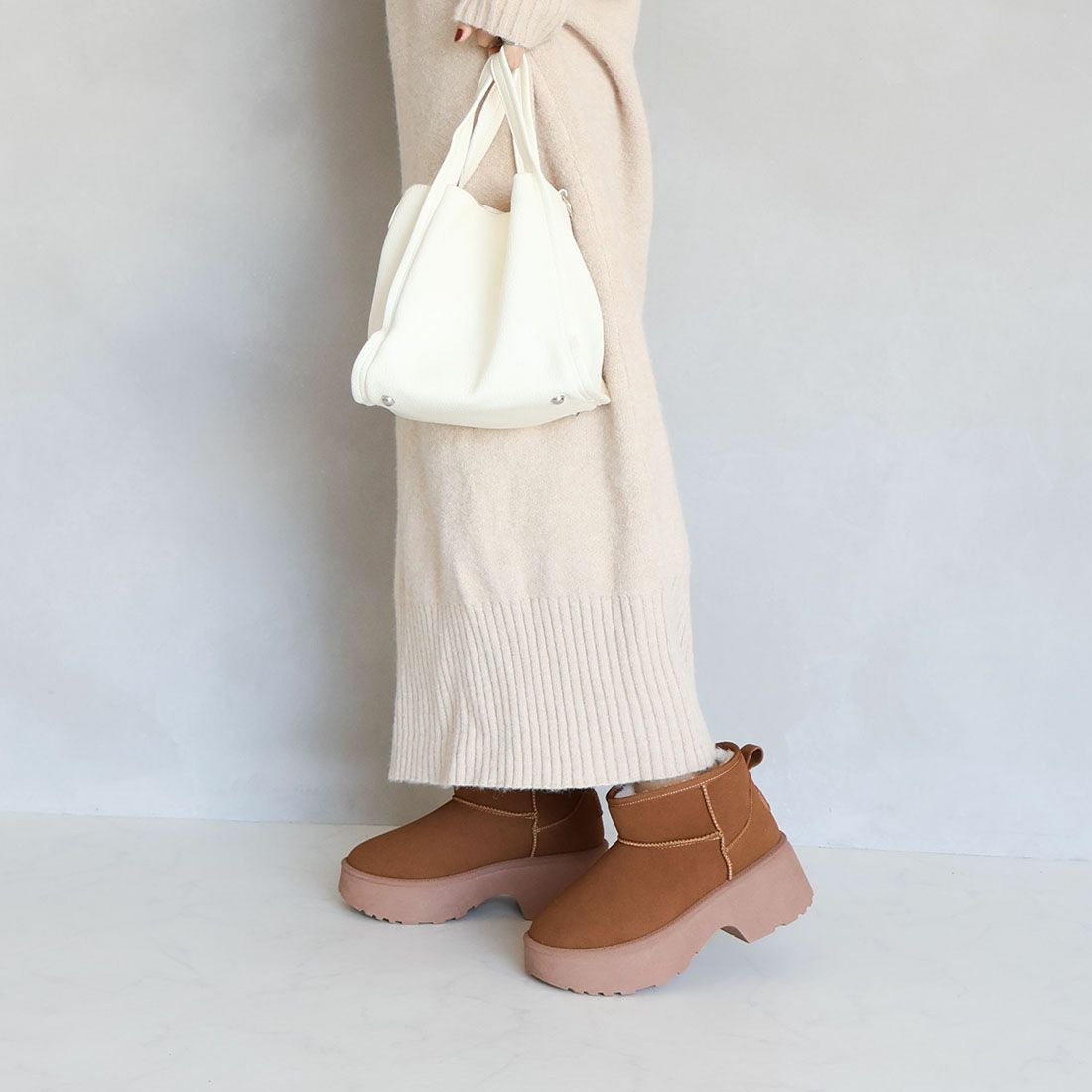 もふぽか厚底7cmチャンキーヒールムートンブーツ ｜靴・レディース