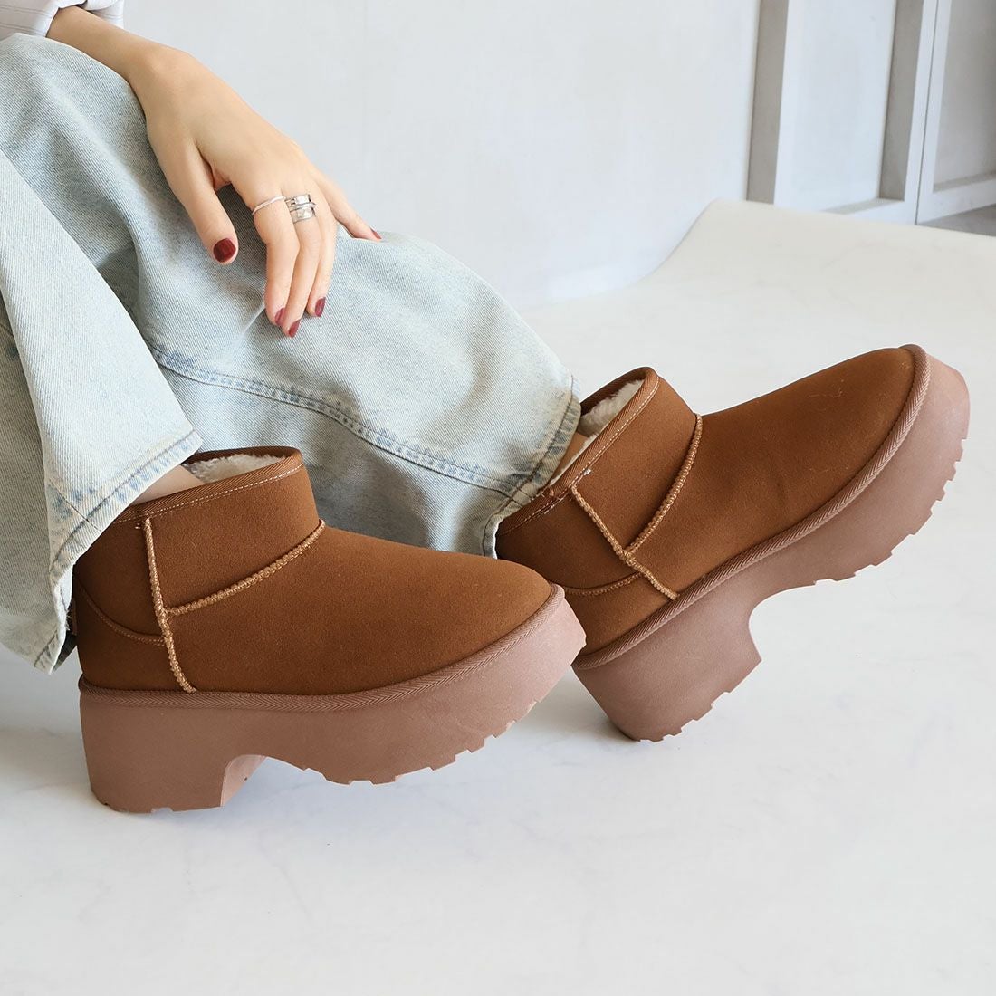 もふぽか厚底7cmチャンキーヒールムートンブーツ ｜靴・レディース