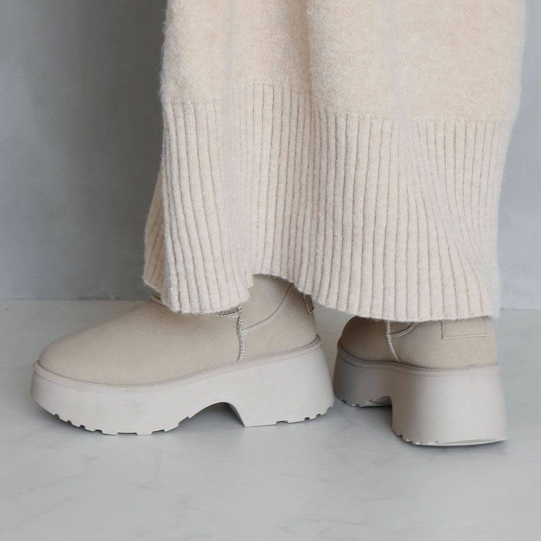 もふぽか厚底7cmチャンキーヒールムートンブーツ ｜靴・レディース