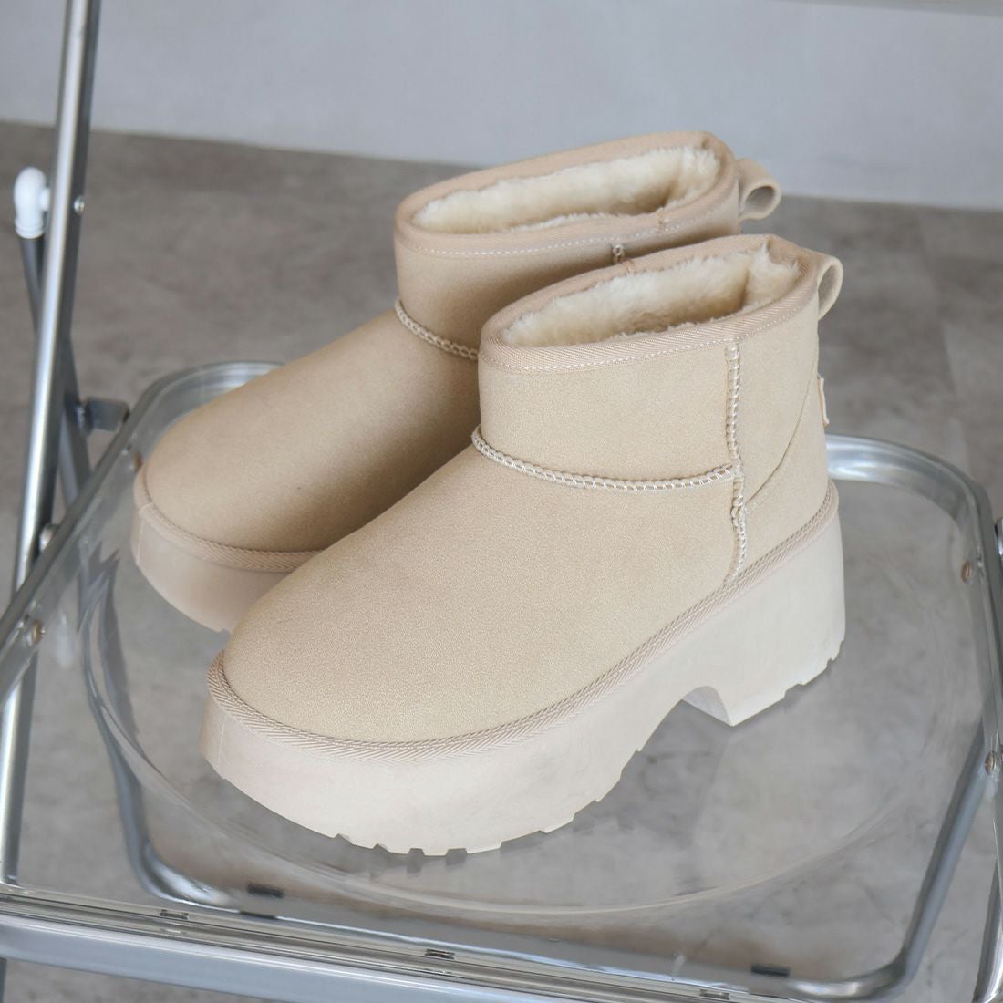 もふぽか厚底7cmチャンキーヒールムートンブーツ ｜靴・レディース