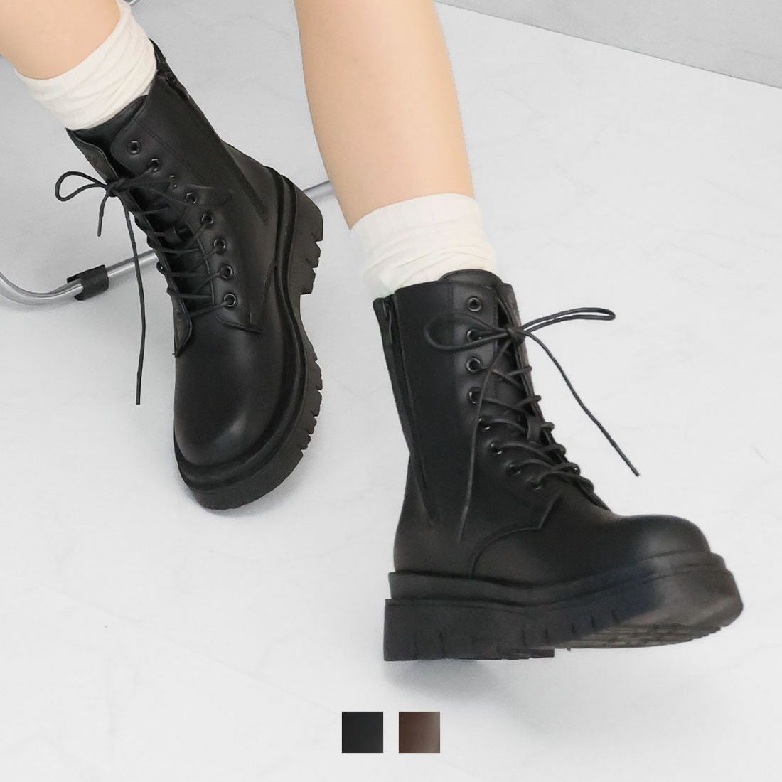 晴雨兼用】厚底レースアップワークブーツ ｜靴・レディースシューズの