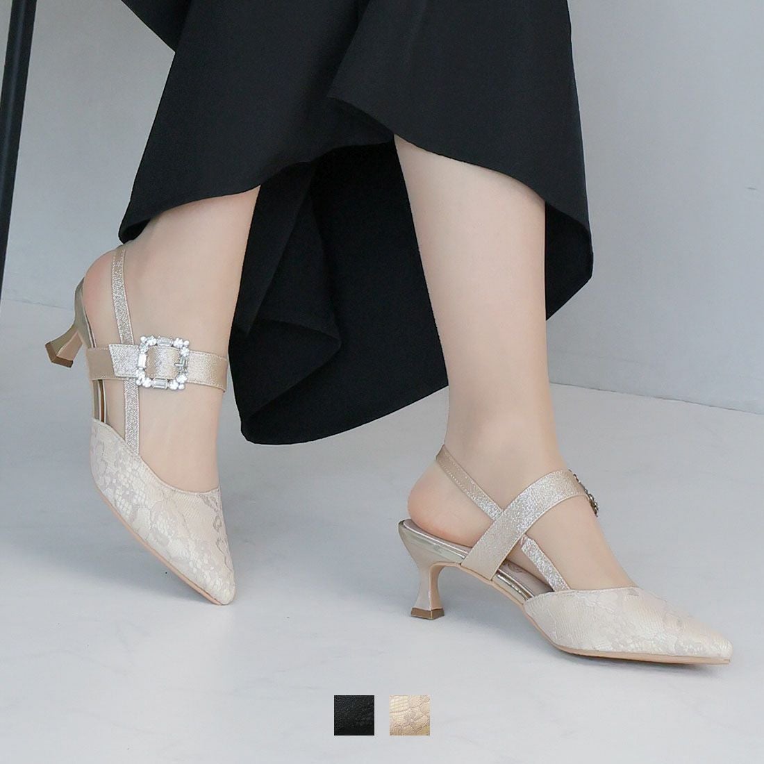 キラキラビジューバックルスリングバックパンプス ｜靴・レディース