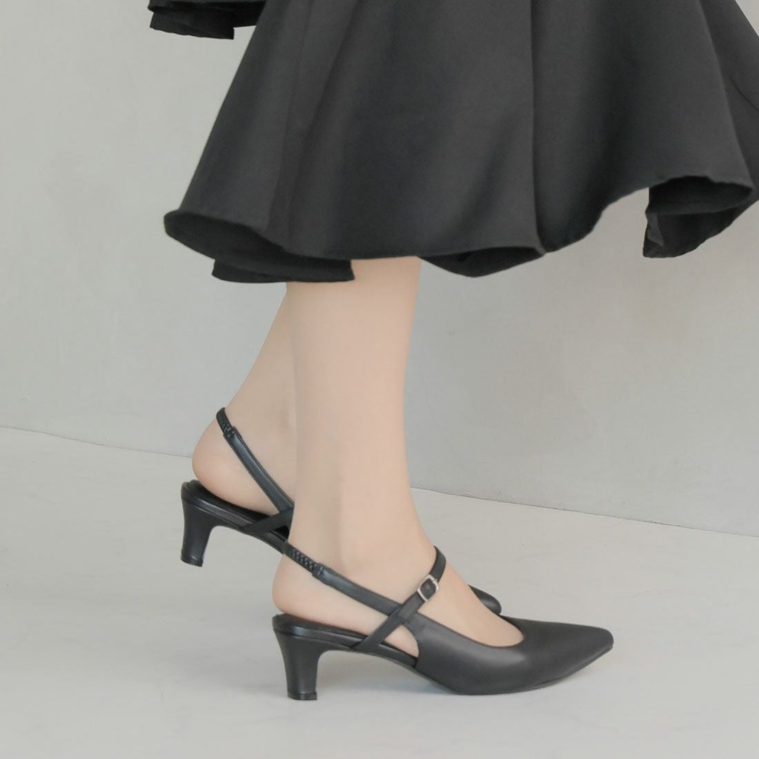 ポインテッドトゥスリングバック5cmプレートヒール感激パンプス ｜靴