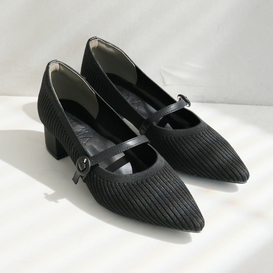 ポインテッドトゥメリージェーン4cmヒール感激ニットパンプス ｜靴