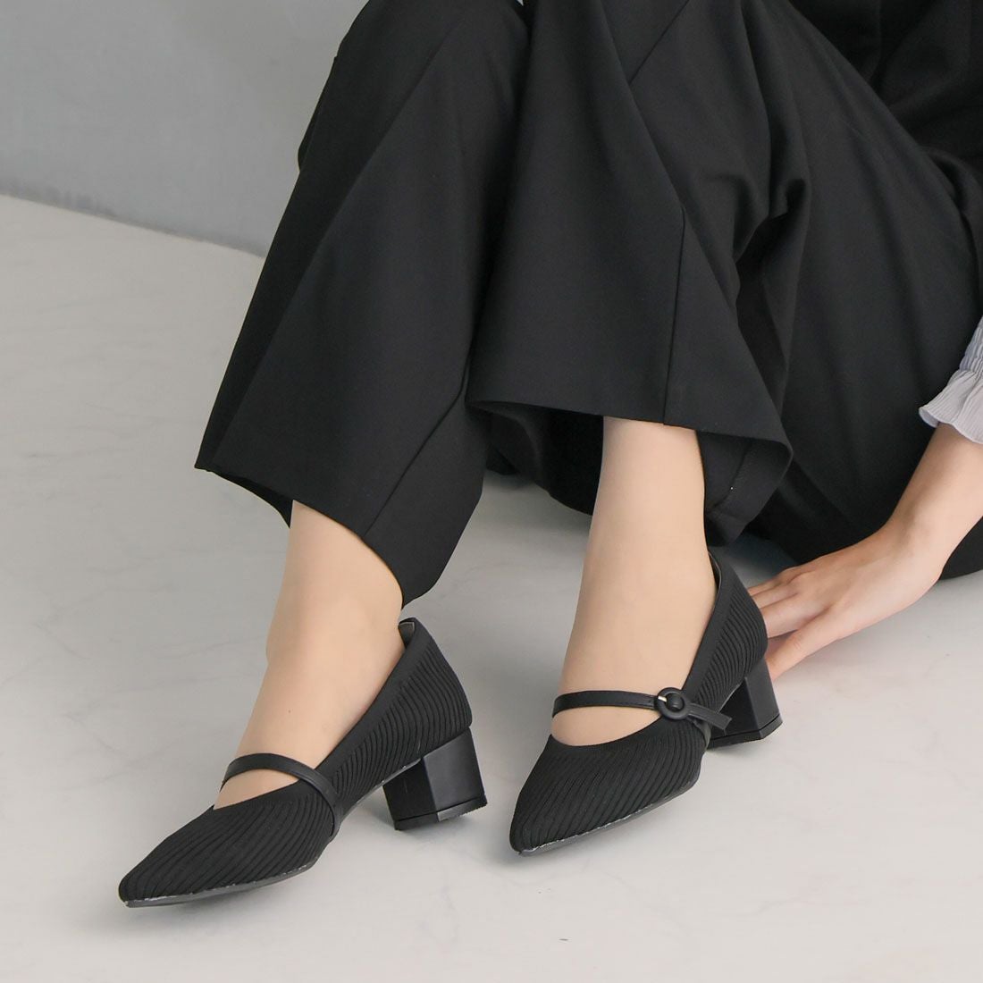 ポインテッドトゥメリージェーン4cmヒール感激ニットパンプス ｜靴