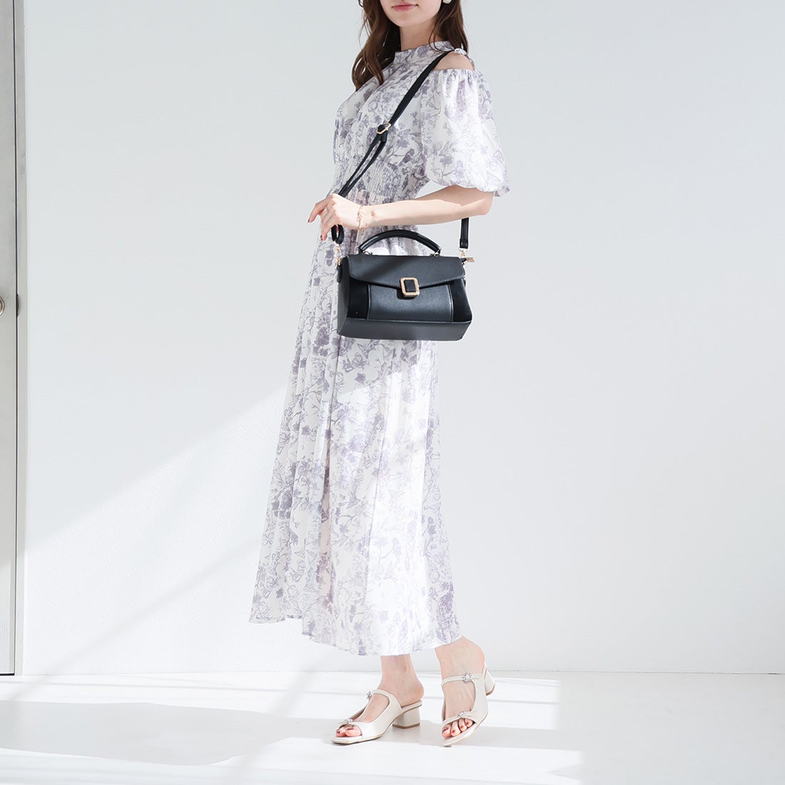 バックル付き異素材コンビフラップ2WAYバッグ ｜靴・レディース