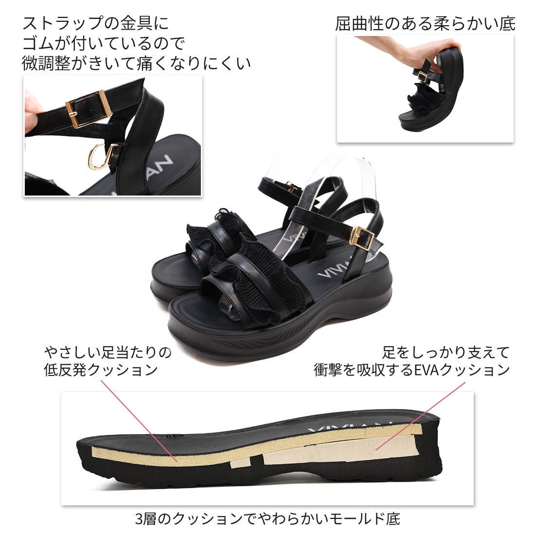 やわらかソールシアーフリルストラップサンダル ｜靴・レディース