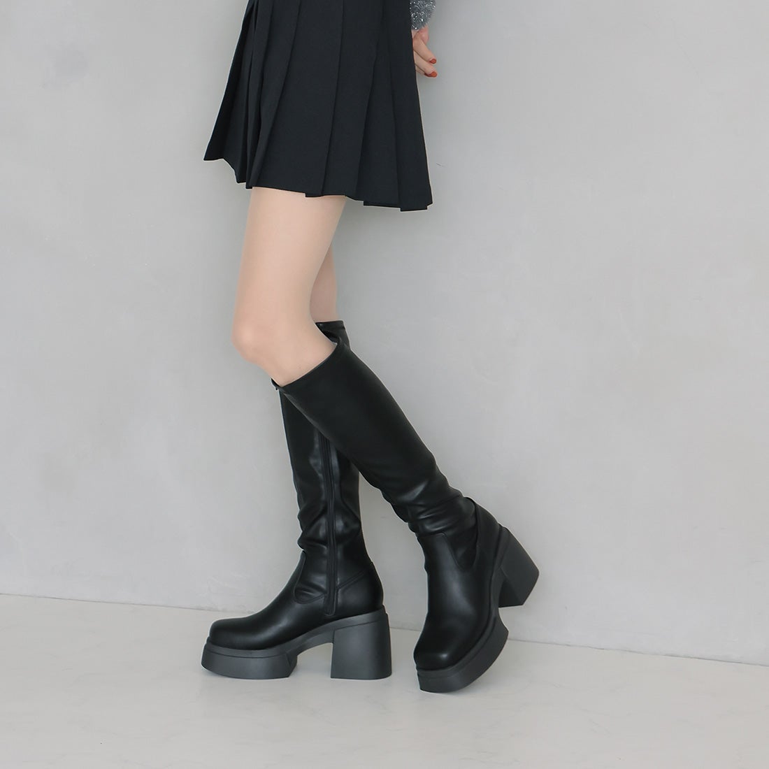 厚底チャンキーヒールストレッチロングブーツ ｜靴・レディース